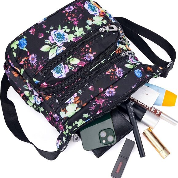 Nylon Floral Multi-Pocket Crossbody Purse Bags for Women Travel Shoulder Bag - Picture 3 of 4